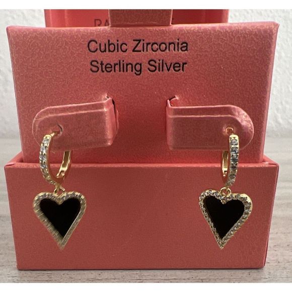 RACHEL ZOE STERLING SILVER GOLD TONE ONYX & CZ HEART HUGGIE EARRINGS~NIB! - Picture 6 of 11